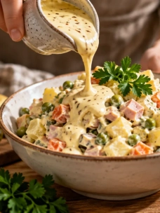 Медовая горчица в заправке придаёт оливье новый вкус