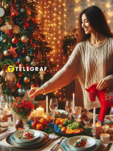 Девушка украшает новогодний стол