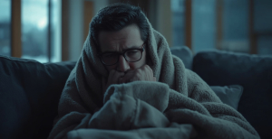 Чоловік намагається зігрітися у квартирі