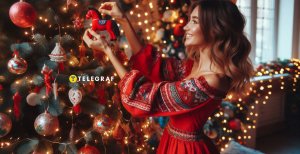 Девушка украшает елку