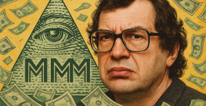 ИИ сгенерировал типичный коллаж из статьи об «МММ» в газете девяностых