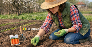 Женщина сеет морковь