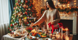 Девушка украшает новогодний стол