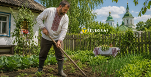 Человек работает на огороде в праздник