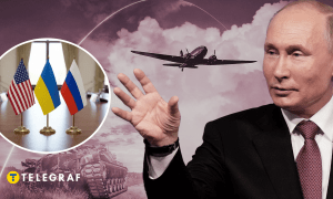 Прапори США, України, Росії та лідер Кремля