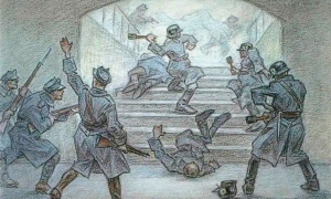 Бій за Львівський залізничний вокзал, листопад 1918 року. Малюнок українського художника Леоніда Перфецького