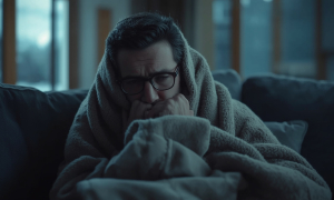 Чоловік намагається зігрітися у квартирі