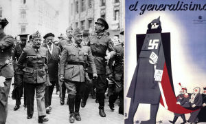 Франсиско Франко (на фото в центре). На карикатуре изображены генералиссимус и его сторонники