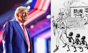 Дональд Трамп (Фото: facebook.com/DonaldTrump) и политическая карикатура 1917 года: Дядя Сэм забирает троих детишек (острова бывшей Датской Вест-Индии) у родителей-датчан, получивших 25 млн долларов золотом