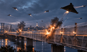 Мост, окруженный сеткой, под атакой "Гераней"