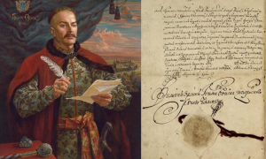 Гетман Пилип Орлик. Художница Наталья Павлусенко, 2022 год (с ее разрешения). Справа: последняя страница оригинала Конституции Пилипа Орлика с его подписью и печатью Войска Запорожского