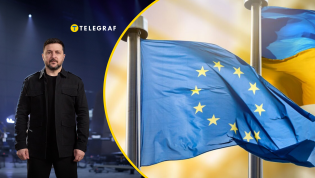 Владимир Зеленский и флаги ЕС и Украины