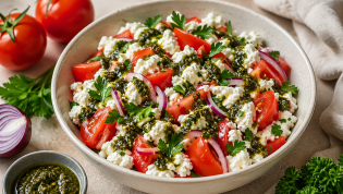 Салат с овощами и зернистым сыром