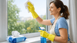 Жінка миє вікно