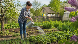 Женщина поливает растения