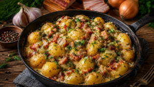 Молодой картофель с беконом и сыром в сливках
