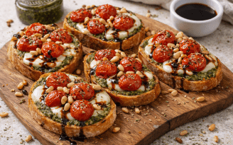 Быстрый итальянский завтрак: тосты с песто, моцареллой и томатами (видео)