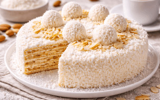 Вафельный торт "Рафаэлло" без выпечки: нежный, кокосовый и готовый за 15 минут (видео)