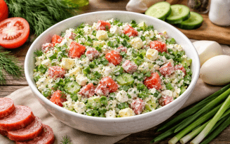 Весна на тарелке: нежный салат с творогом, овощами и колбаской (видео)