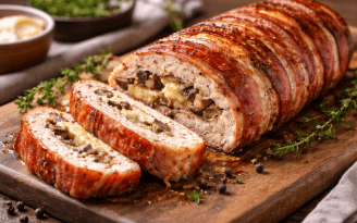 Идеальный рулет к празднику и на каждый день: курица, грибы, сыр и румяный бекон (видео)