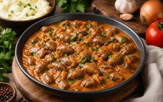 Неожиданно вкусно: гуляш из куриных сердечек в густом соусе (видео)