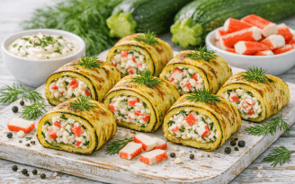 Кабачковые рулетики с крабовыми палочками: вкусная закуска с нежной сырной начинкой (видео)