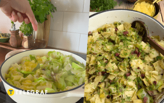Просто, но очень вкусно: молодая капуста с беконом и лапшой (видео)