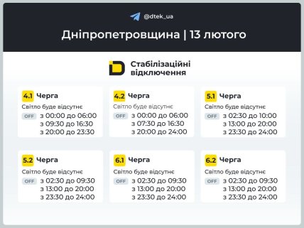 Графики отключений в Днепропетровской области 13 февраля