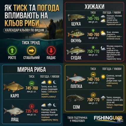 Як тиск впливає на кльов коропа, сома, щуки, ляща та інших видів