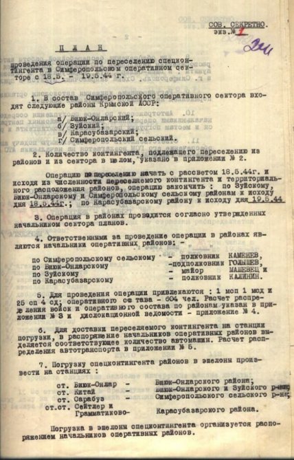 Перша сторінка плану проведення операції з переселення спецконтингенту в Симферопільському оперативному секторі з 18.05 до 19.05.1944 року