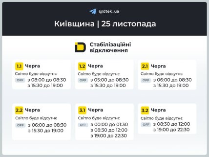 Графики отключения света в Киевской области 25 ноября