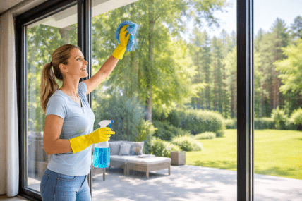 Женщина натирает окно