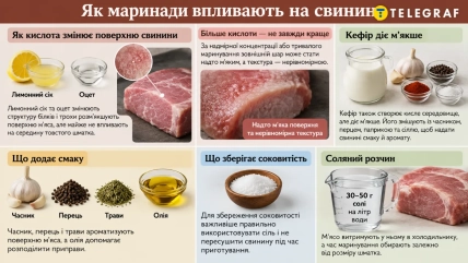 Инфографика о маринадах для свинины с лимонным соком, уксусом, кефиром, специями, солью и мясом