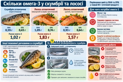 Инфографика со сравнением омега-3 в скумбрии и лососе и советами по размораживанию скумбрии
