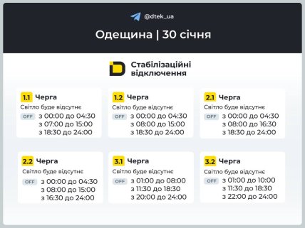 Графіки відключень в Одеській області 30 січня