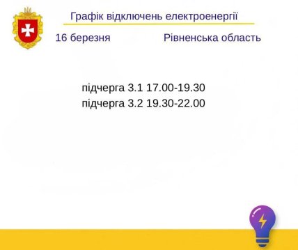 График отключения света в Ровенской области 16.03.2026