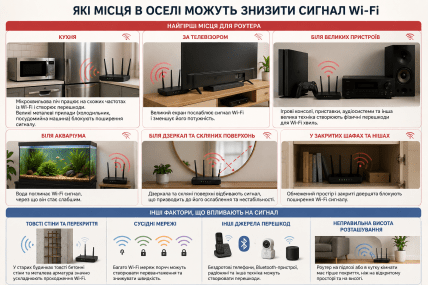 У яких місцях сигнал Wi-Fi роутера слабшає