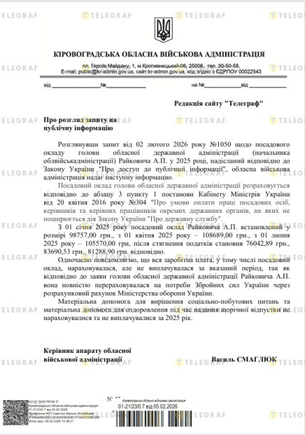 Відповідь на запит "Телеграфа" про зарплату Райковича