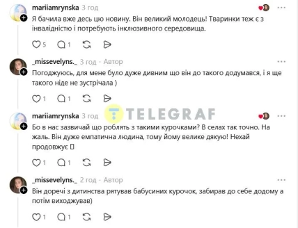 Переписка @mariiamrynska и @_missevelyns._ о помощи животным с инвалидностью и спасенных курах