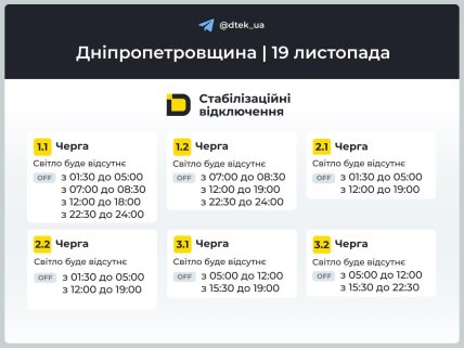 Графік відключень світла на Дніпропетровщині 19 листопада