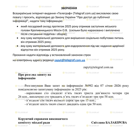 Відповідь міськради на звернення про зарплату Мосіна