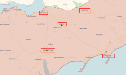 Токмак, Мелітополь, Бердянськ, Пологи та Василівка на карті бойових дій