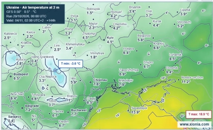 Карта GFS із температурами в містах України та сусідніх країн на 02:00 4 листопада 2026 року