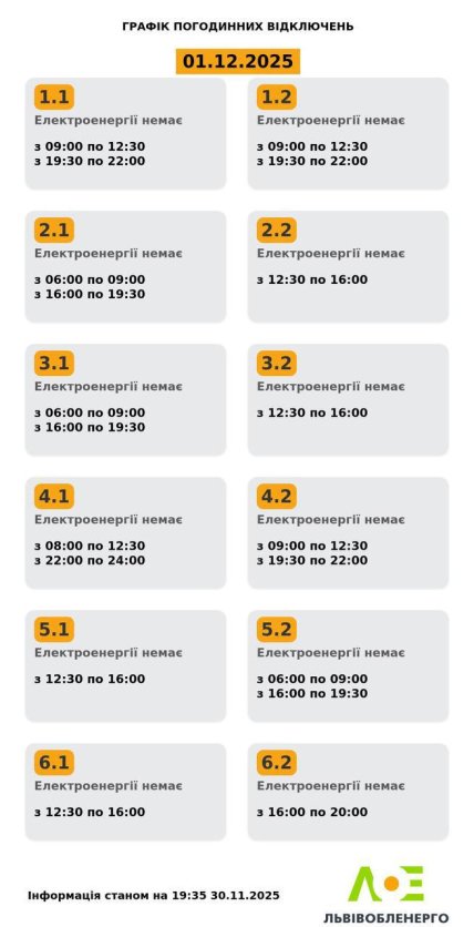 Львов график отключения света 1 декабря 2025