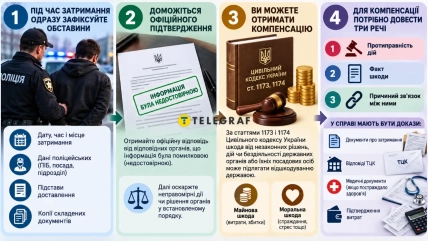 Инфографика с четырьмя шагами: задержание, подтверждение недостоверности информации, компенсация и доказательства ущерба