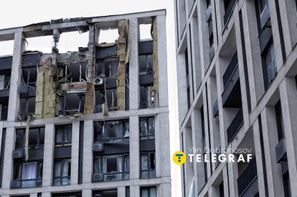 Зруйновані верхні поверхи житлового комплексу після влучання дрона в Києві