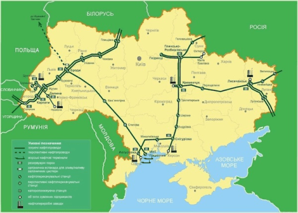 Схема нафтопроводу "Дружба" на території України