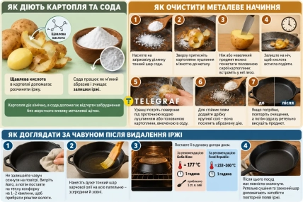Инфографика с картофельными очистками, содой и чугунной сковородой: показана очистка металла и уход за чугуном