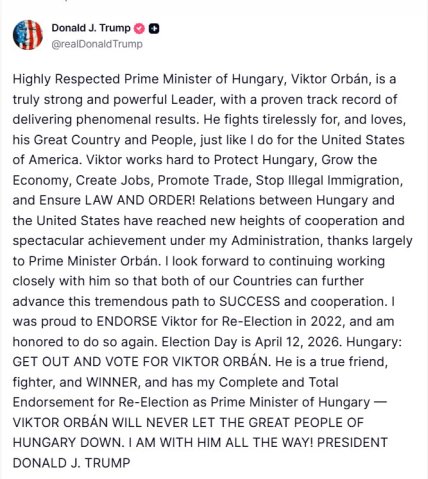 Пост Трампа про Орбана