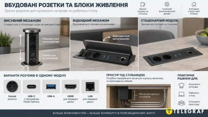 Встроенные блоки объединяют силовые розетки, зарядные порты и разъемы для передачи данных